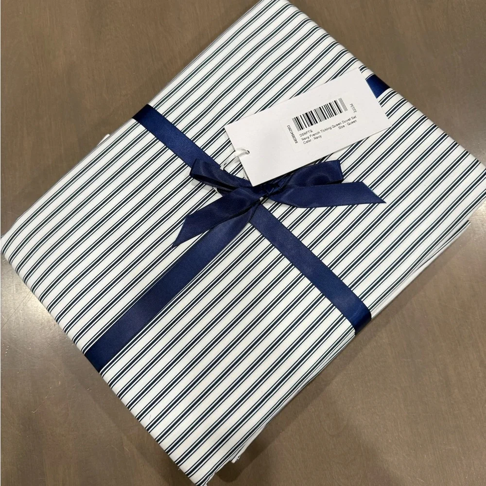 Petite Plume NWT French Ticking Cotton Percale Duvet Cover & Shams Queen Size